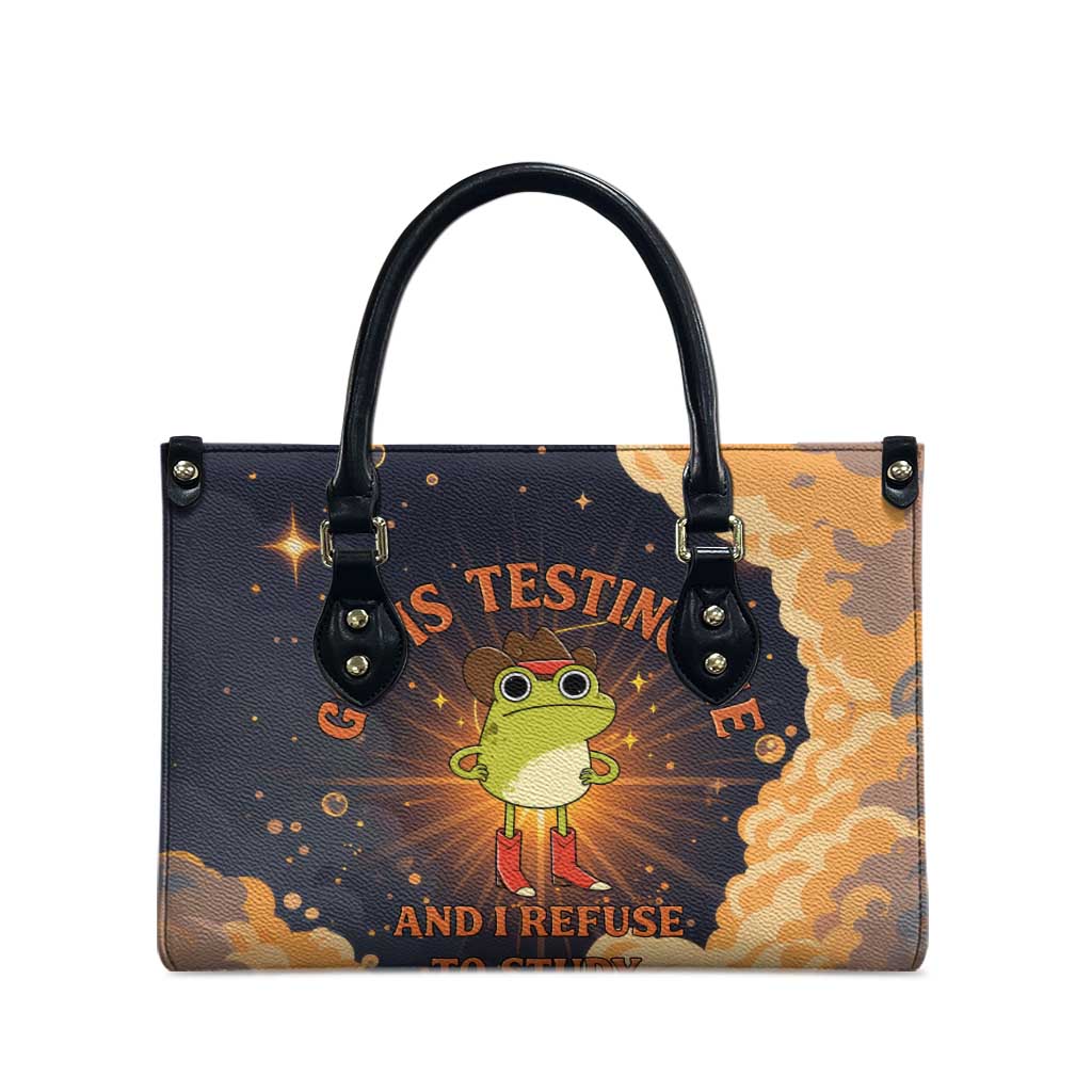 Grumpy Frog Leather Bag with Refuse to Study Quote and Starburst Pattern