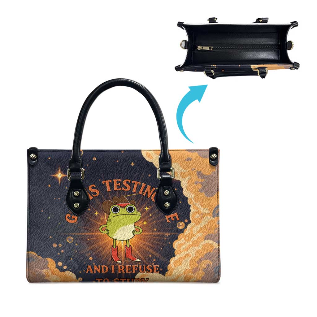 Grumpy Frog Leather Bag with Refuse to Study Quote and Starburst Pattern