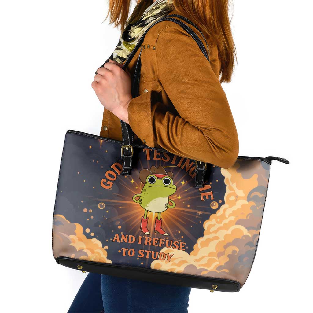 Grumpy Frog Leather Tote Bag with Refuse to Study Quote and Starburst Pattern