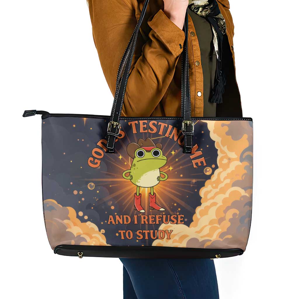 Grumpy Frog Leather Tote Bag with Refuse to Study Quote and Starburst Pattern