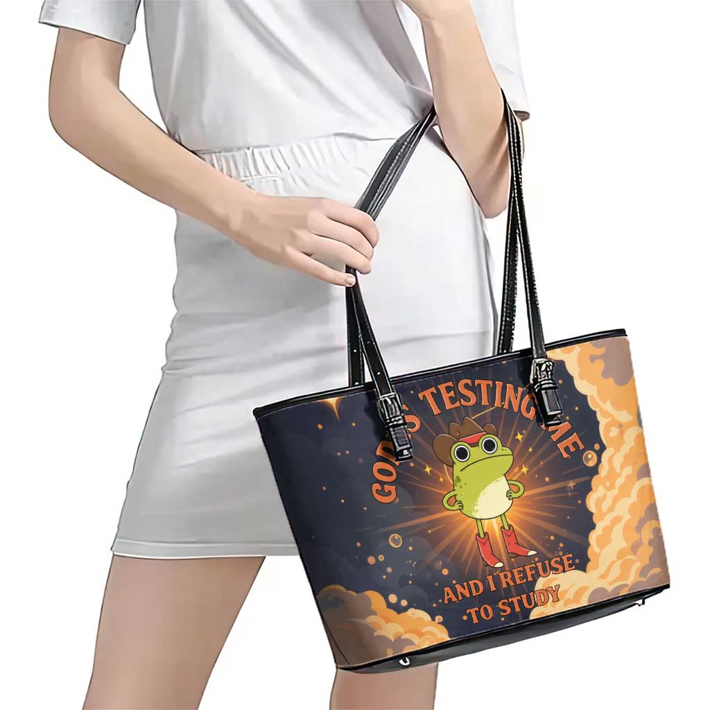 Grumpy Frog Leather Tote Bag with Refuse to Study Quote and Starburst Pattern