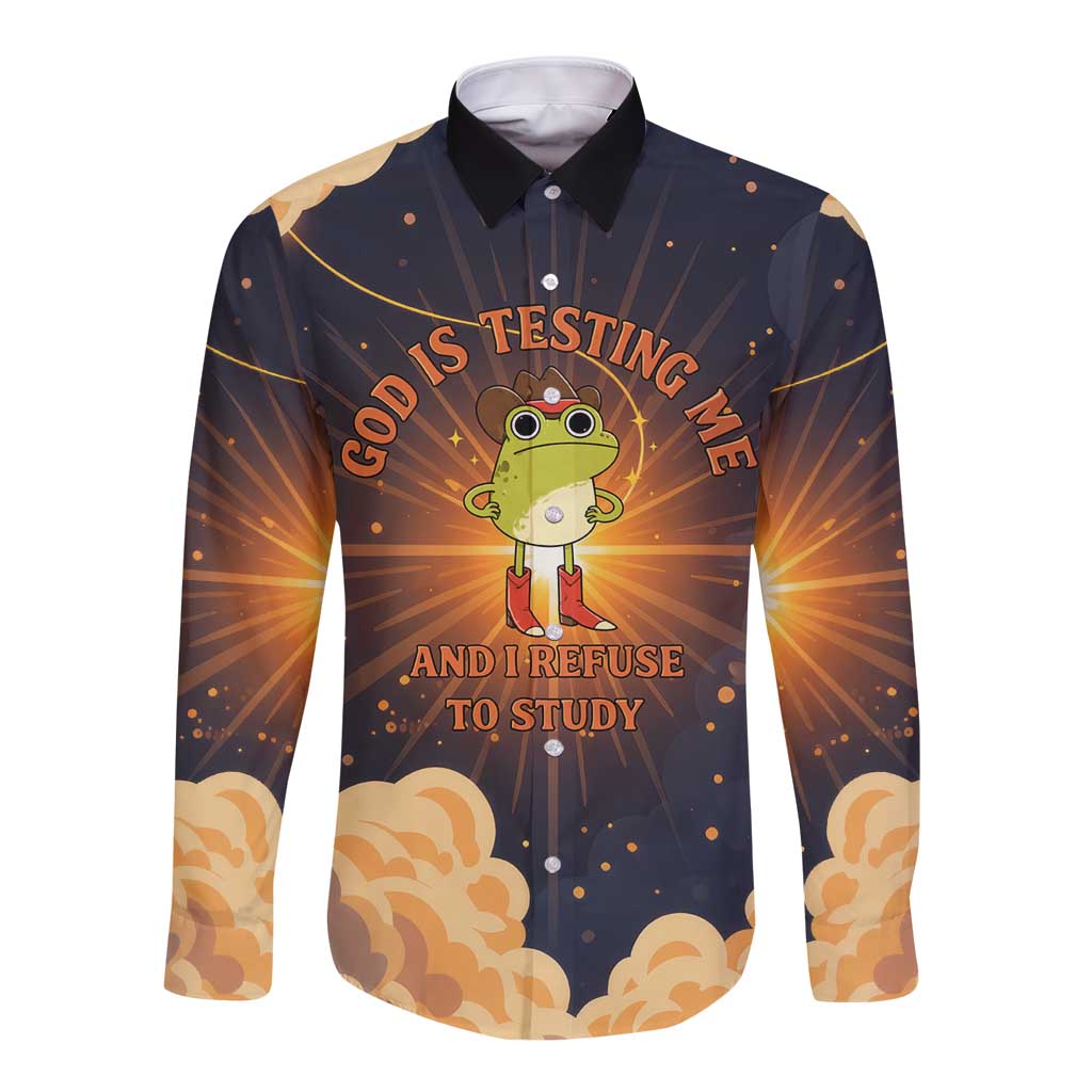 Grumpy Frog Long Sleeve Button Shirt with Refuse to Study Quote and Starburst Pattern