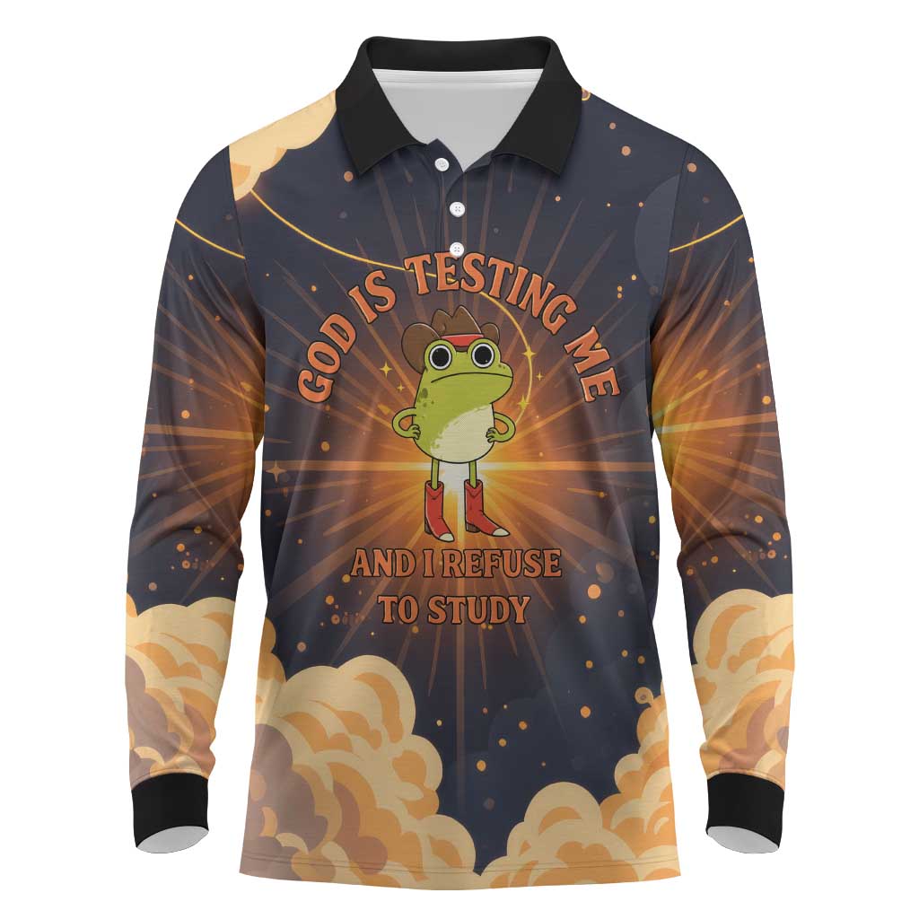 Grumpy Frog Long Sleeve Polo Shirt with Refuse to Study Quote and Starburst Pattern