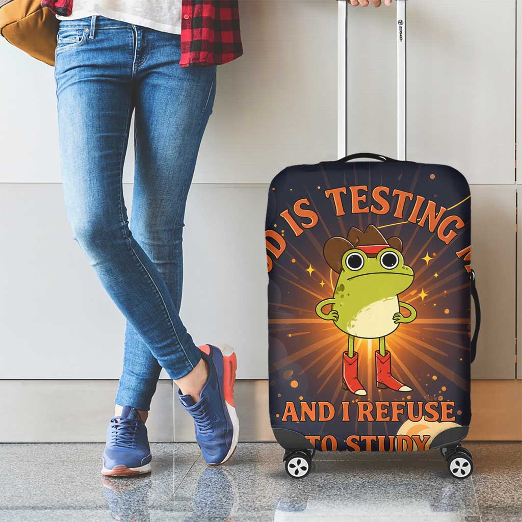 Grumpy Frog Luggage Cover with Refuse to Study Quote and Starburst Pattern