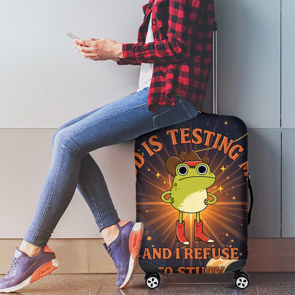 Grumpy Frog Luggage Cover with Refuse to Study Quote and Starburst Pattern