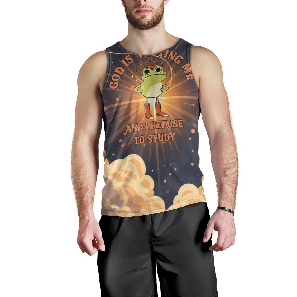 Grumpy Frog Men Tank Top with Refuse to Study Quote and Starburst Pattern