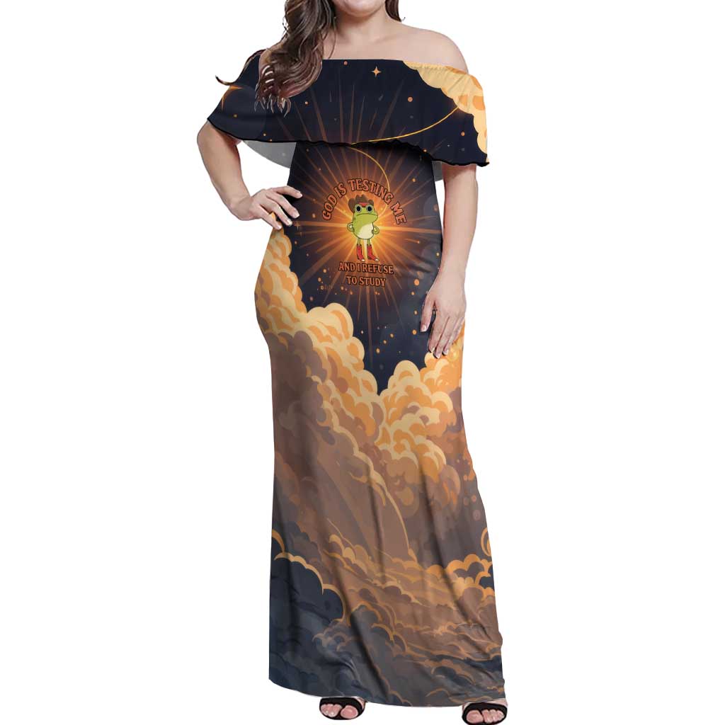 Grumpy Frog Off Shoulder Maxi Dress with Refuse to Study Quote and Starburst Pattern