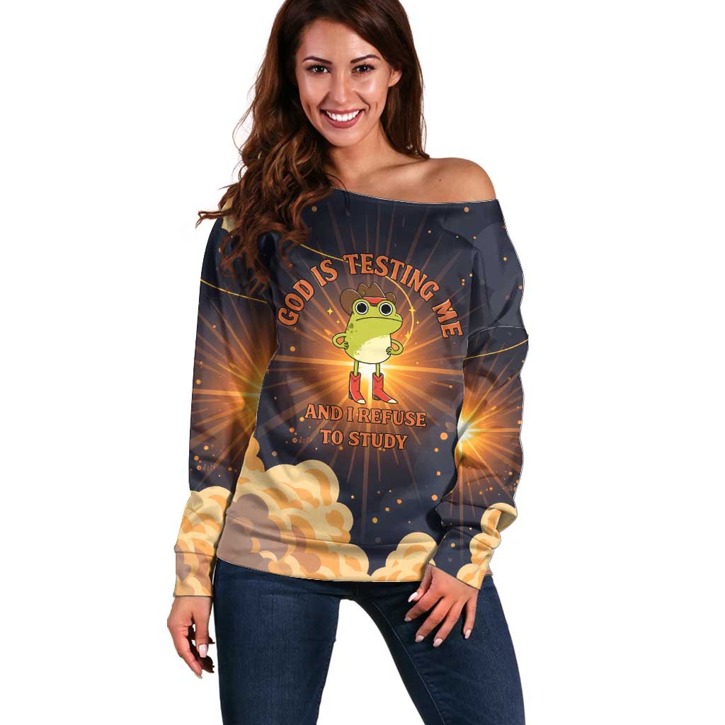 Grumpy Frog Off Shoulder Sweater with Refuse to Study Quote and Starburst Pattern