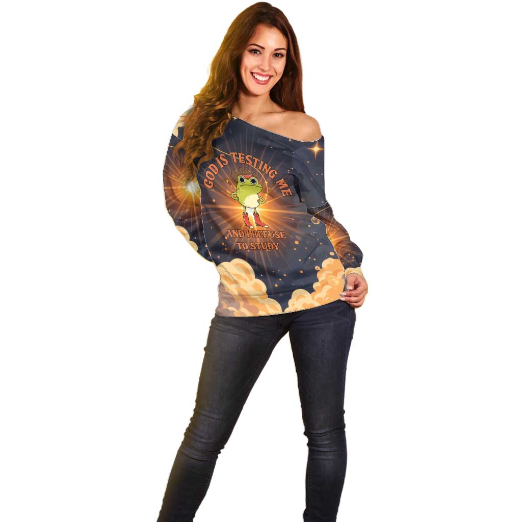 Grumpy Frog Off Shoulder Sweater with Refuse to Study Quote and Starburst Pattern