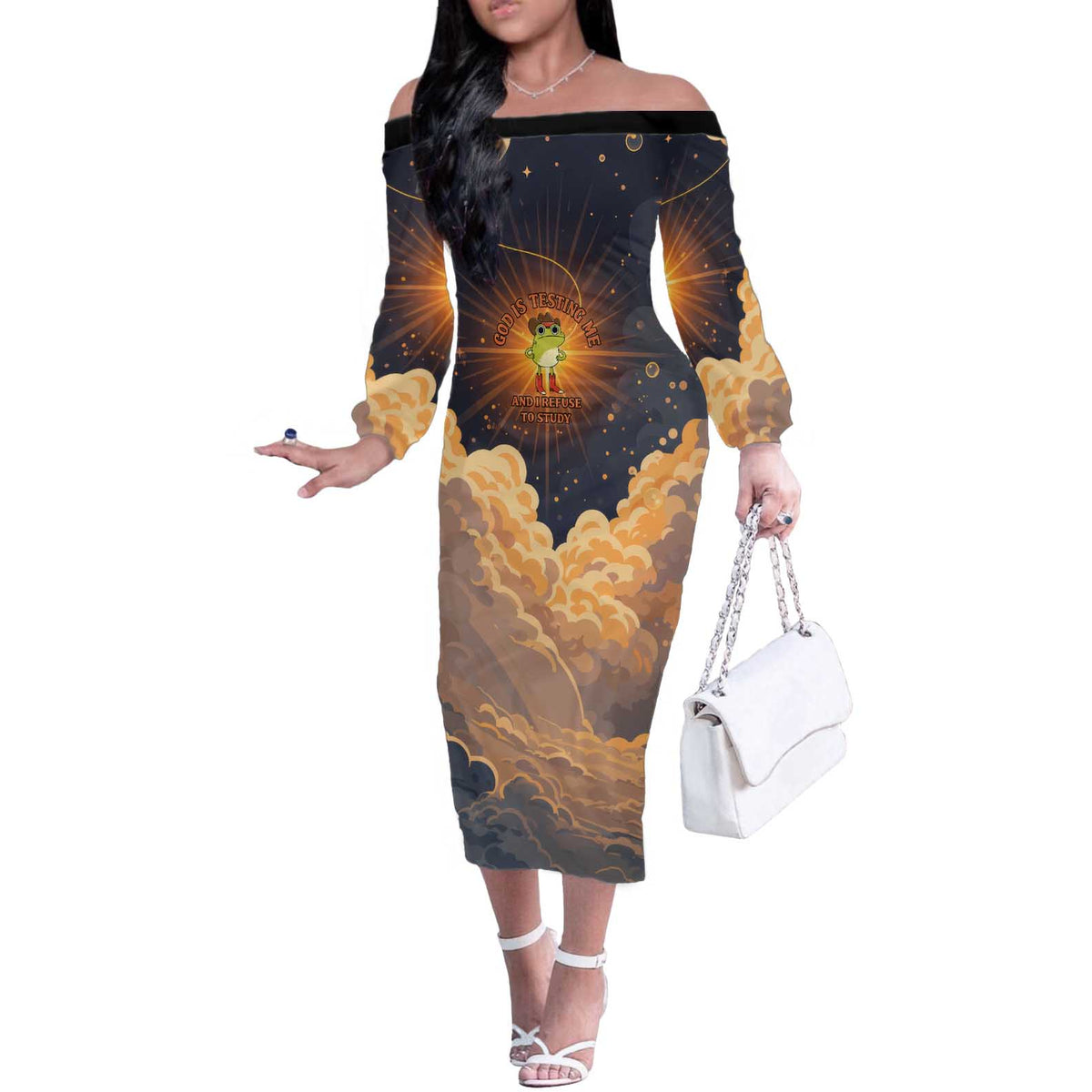 Grumpy Frog Off The Shoulder Long Sleeve Dress with Refuse to Study Quote and Starburst Pattern