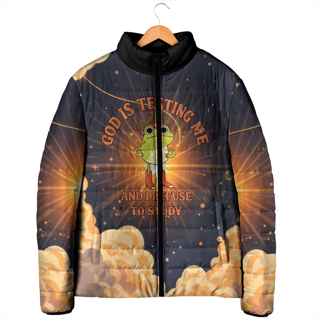 Grumpy Frog Padded Jacket with Refuse to Study Quote and Starburst Pattern