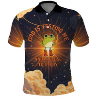 Grumpy Frog Polo Shirt with Refuse to Study Quote and Starburst Pattern