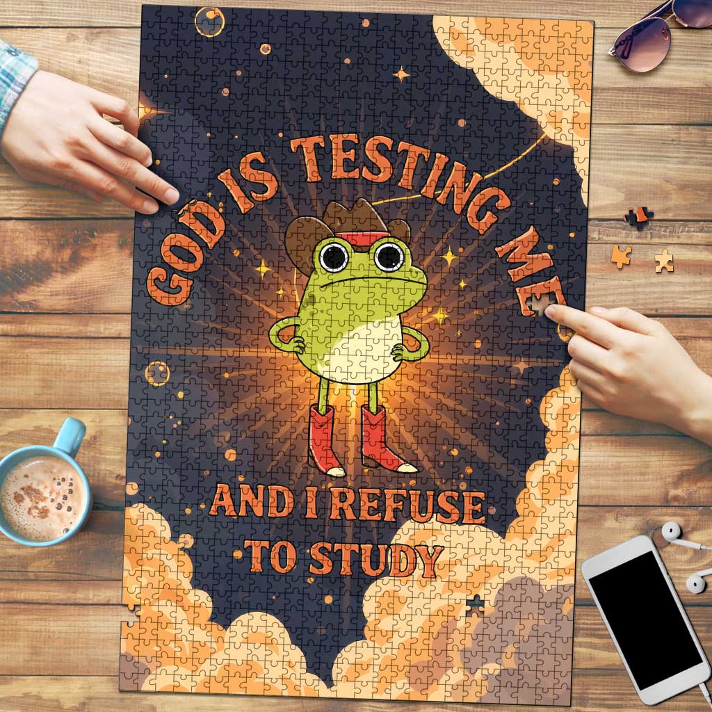 Grumpy Frog Puzzle with Refuse to Study Quote and Starburst Pattern