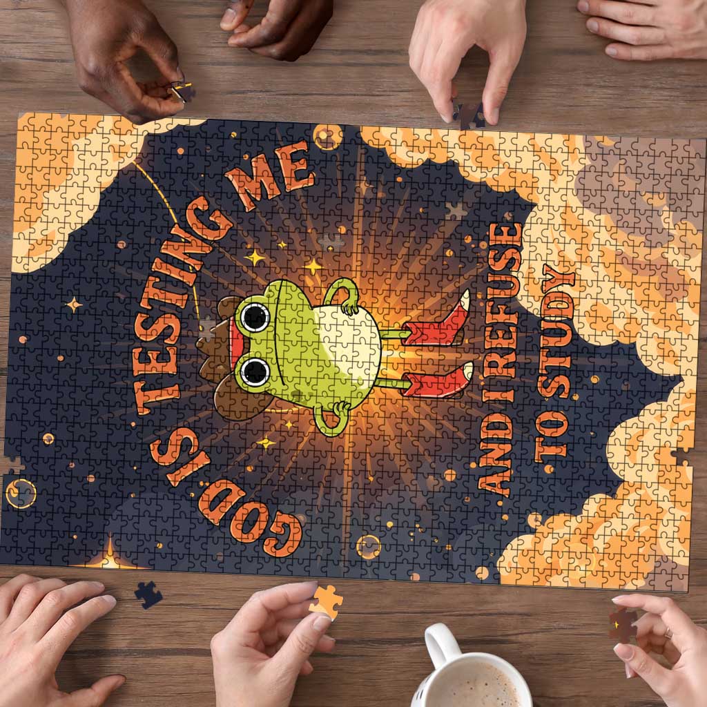 Grumpy Frog Puzzle with Refuse to Study Quote and Starburst Pattern