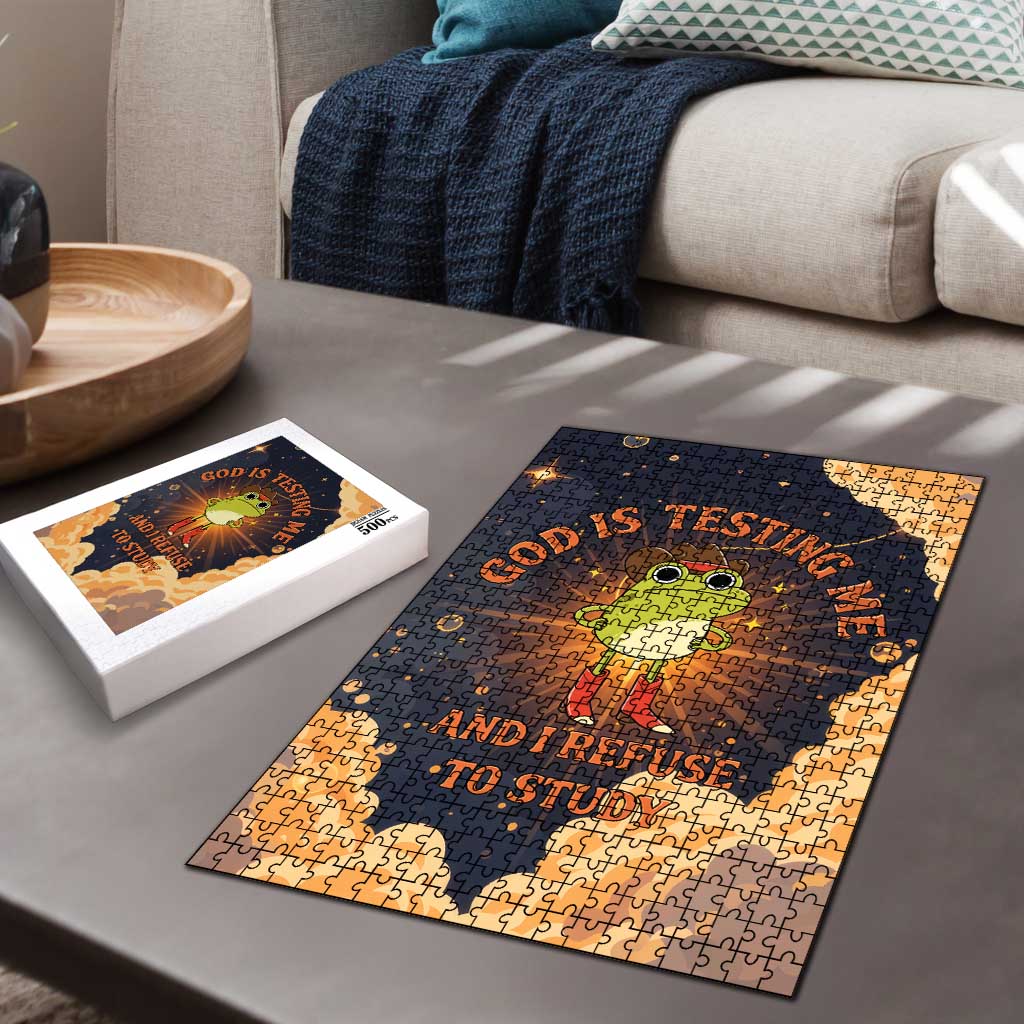 Grumpy Frog Puzzle with Refuse to Study Quote and Starburst Pattern