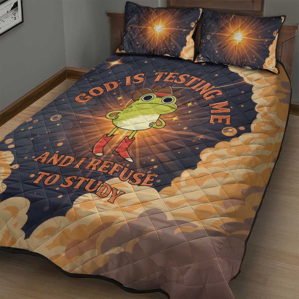 Grumpy Frog Quilt Bed Set with Refuse to Study Quote and Starburst Pattern