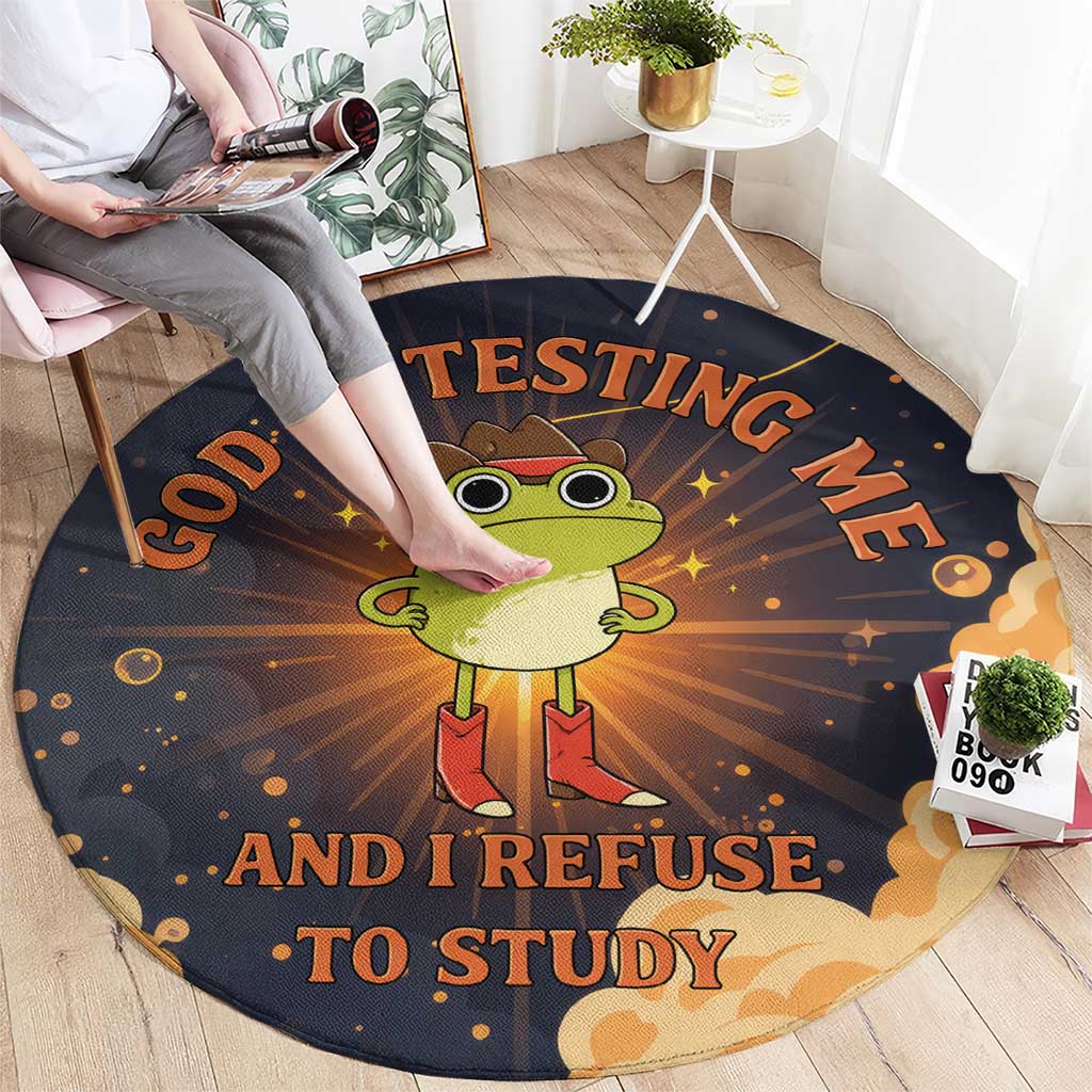 Grumpy Frog Round Carpet with Refuse to Study Quote and Starburst Pattern