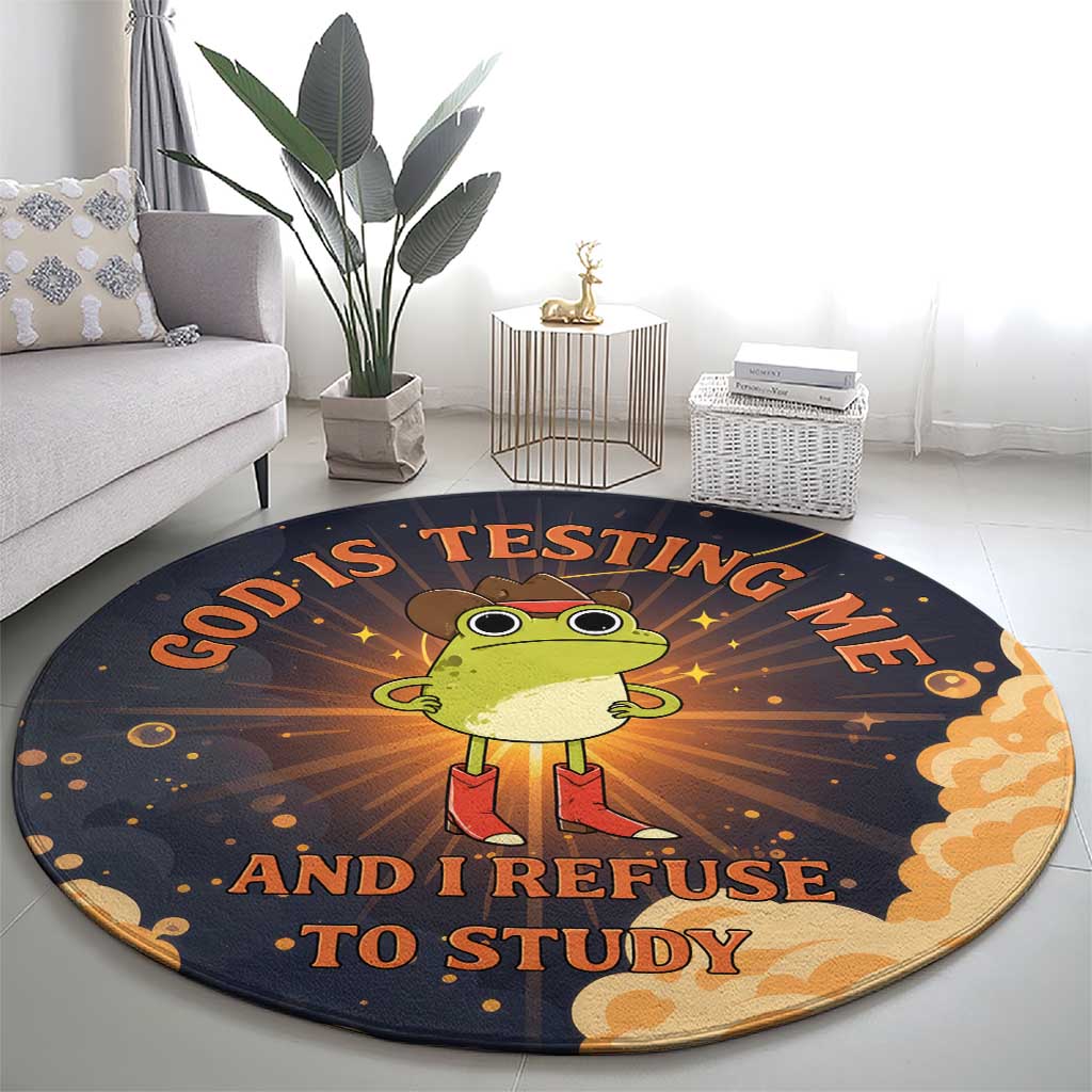 Grumpy Frog Round Carpet with Refuse to Study Quote and Starburst Pattern