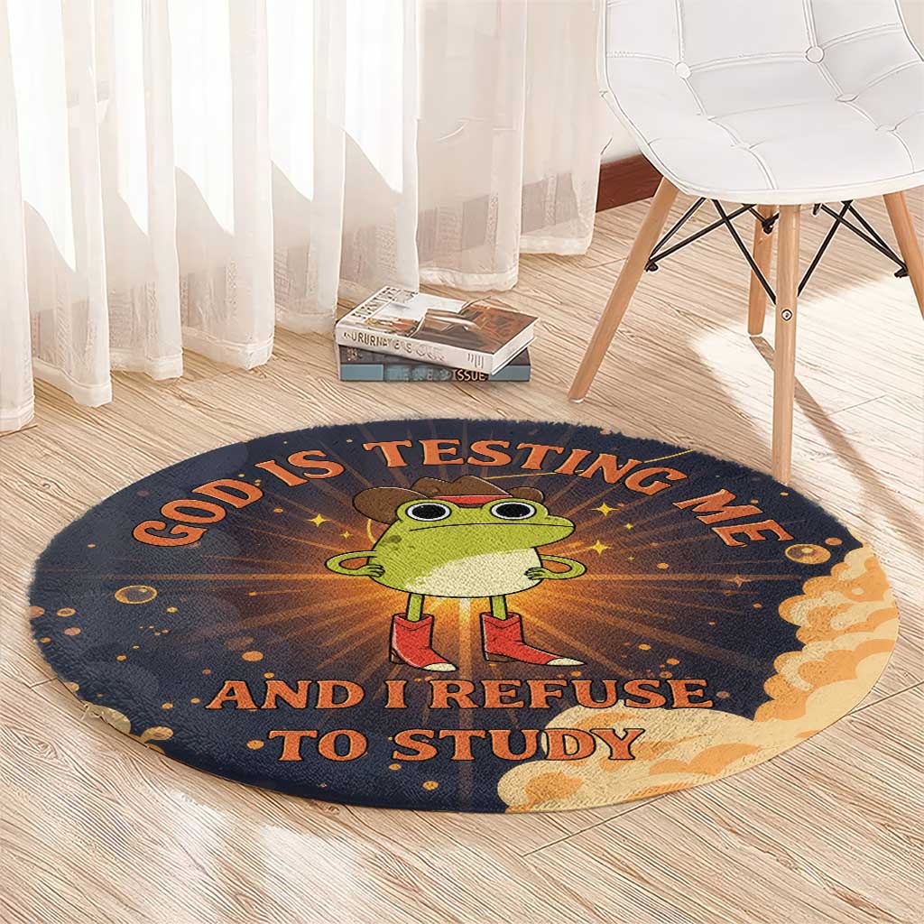 Grumpy Frog Round Carpet with Refuse to Study Quote and Starburst Pattern