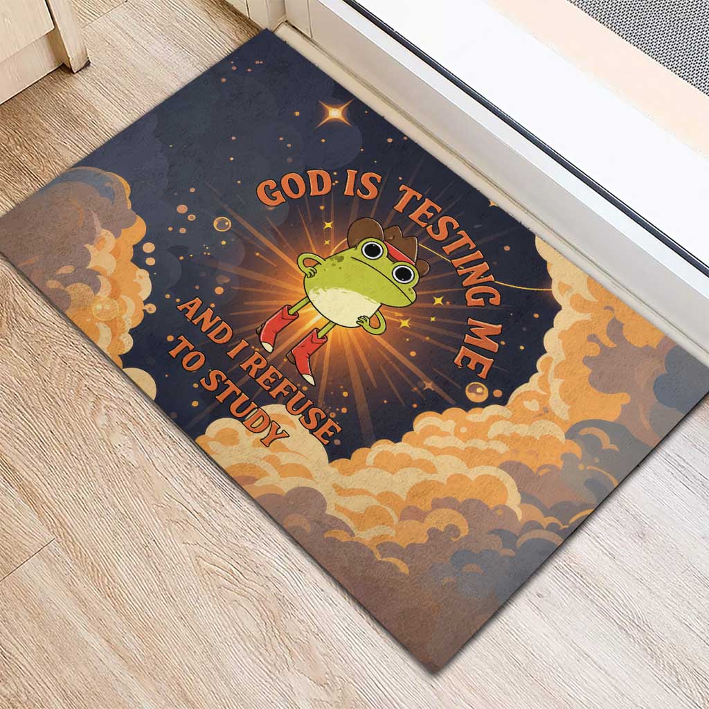 Grumpy Frog Rubber Doormat with Refuse to Study Quote and Starburst Pattern
