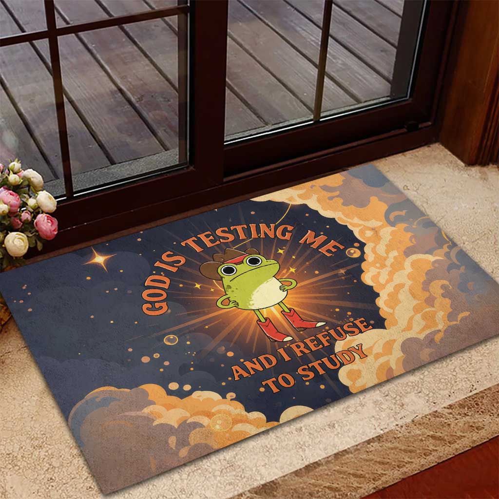 Grumpy Frog Rubber Doormat with Refuse to Study Quote and Starburst Pattern