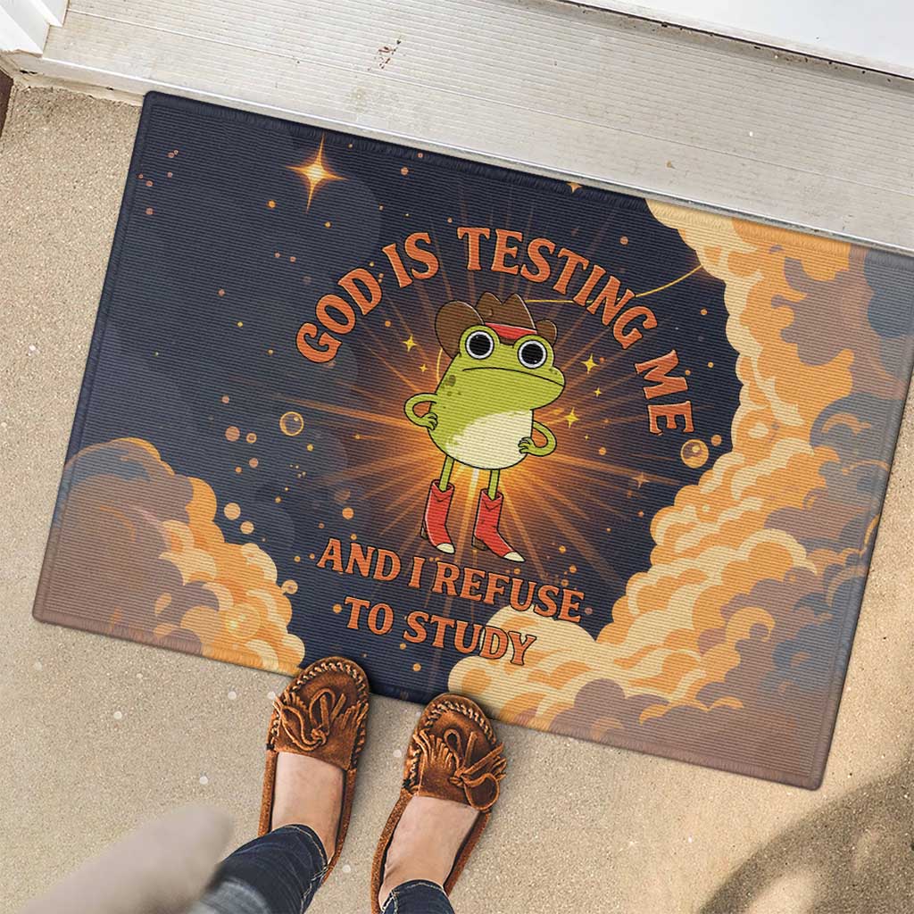 Grumpy Frog Rubber Doormat with Refuse to Study Quote and Starburst Pattern