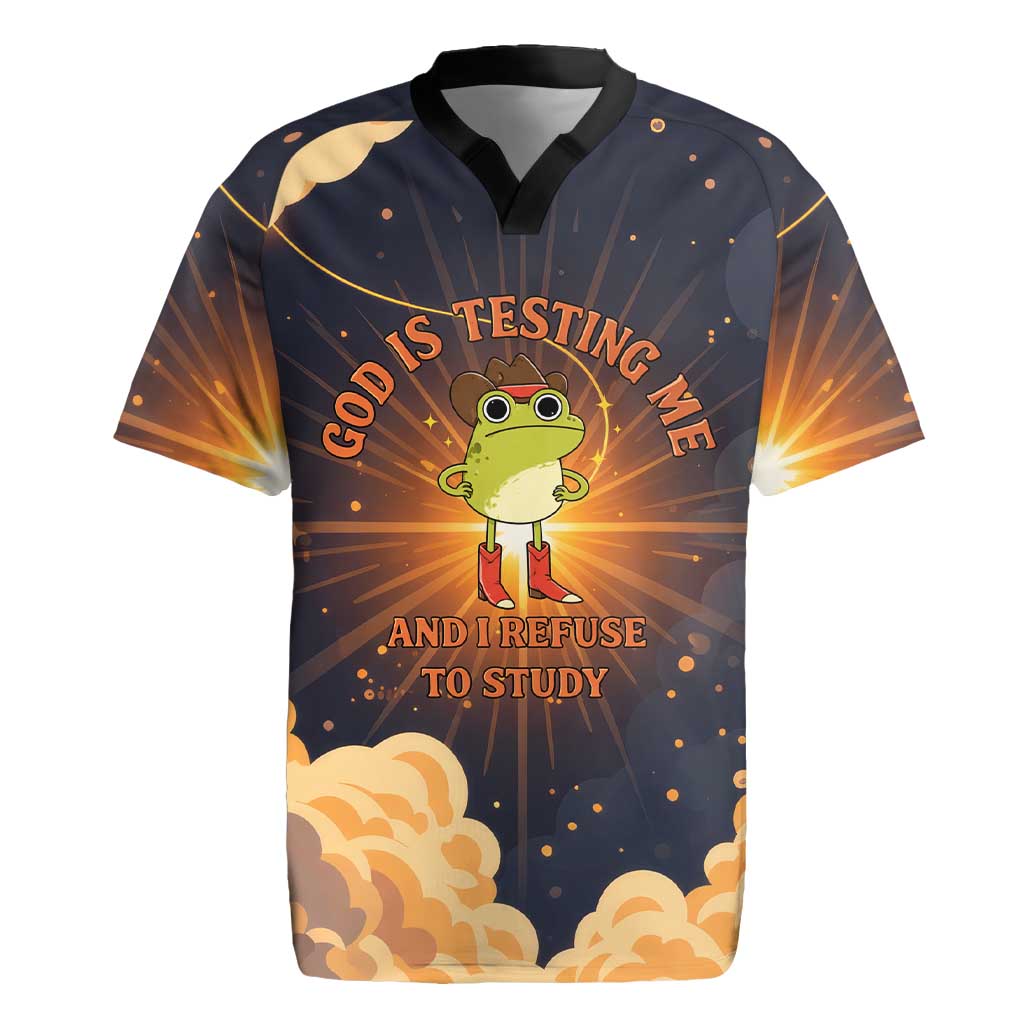 Grumpy Frog Rugby Jersey with Refuse to Study Quote and Starburst Pattern