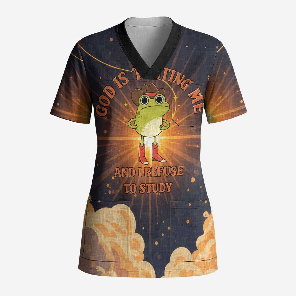 Grumpy Frog Scrub Top with Refuse to Study Quote and Starburst Pattern