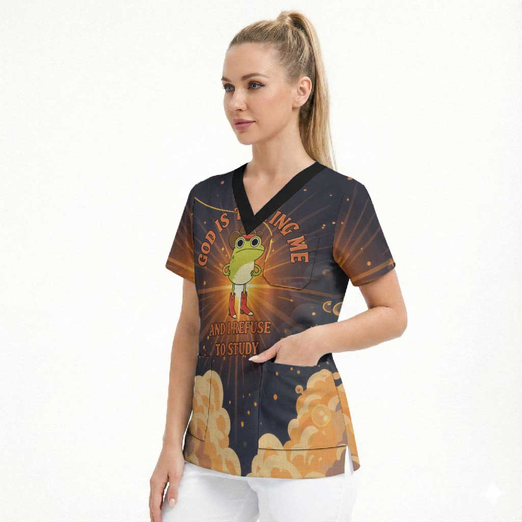 Grumpy Frog Scrub Top with Refuse to Study Quote and Starburst Pattern