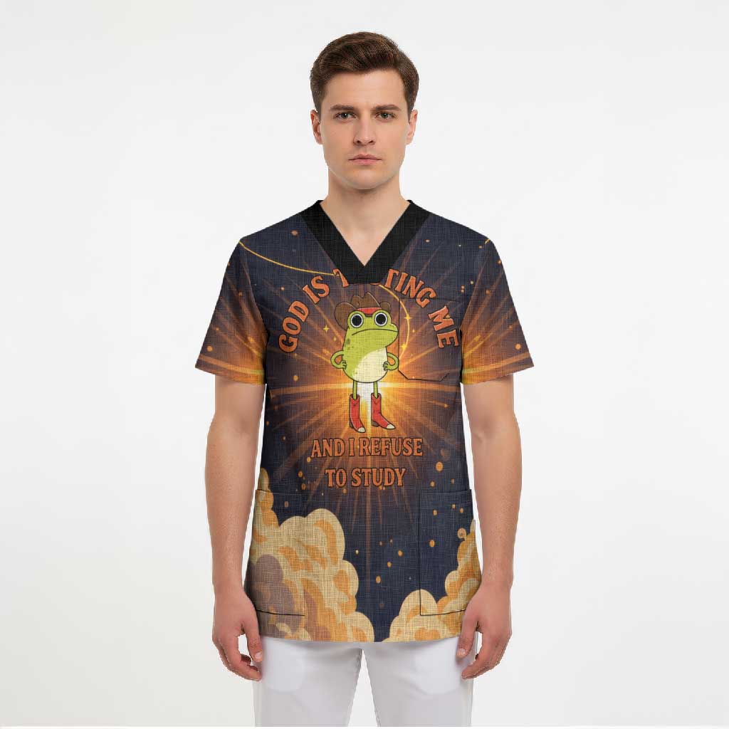 Grumpy Frog Scrub Top with Refuse to Study Quote and Starburst Pattern