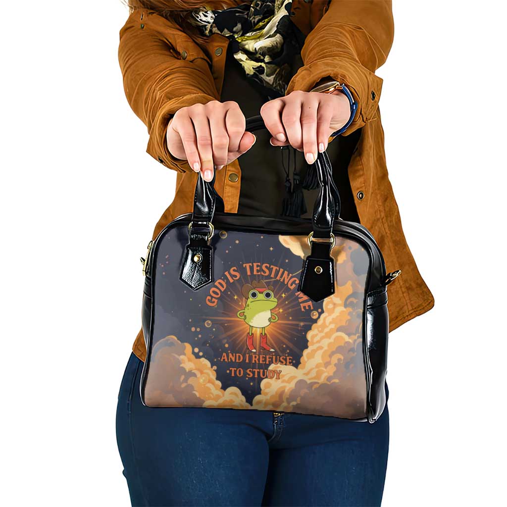 Grumpy Frog Shoulder Handbag with Refuse to Study Quote and Starburst Pattern
