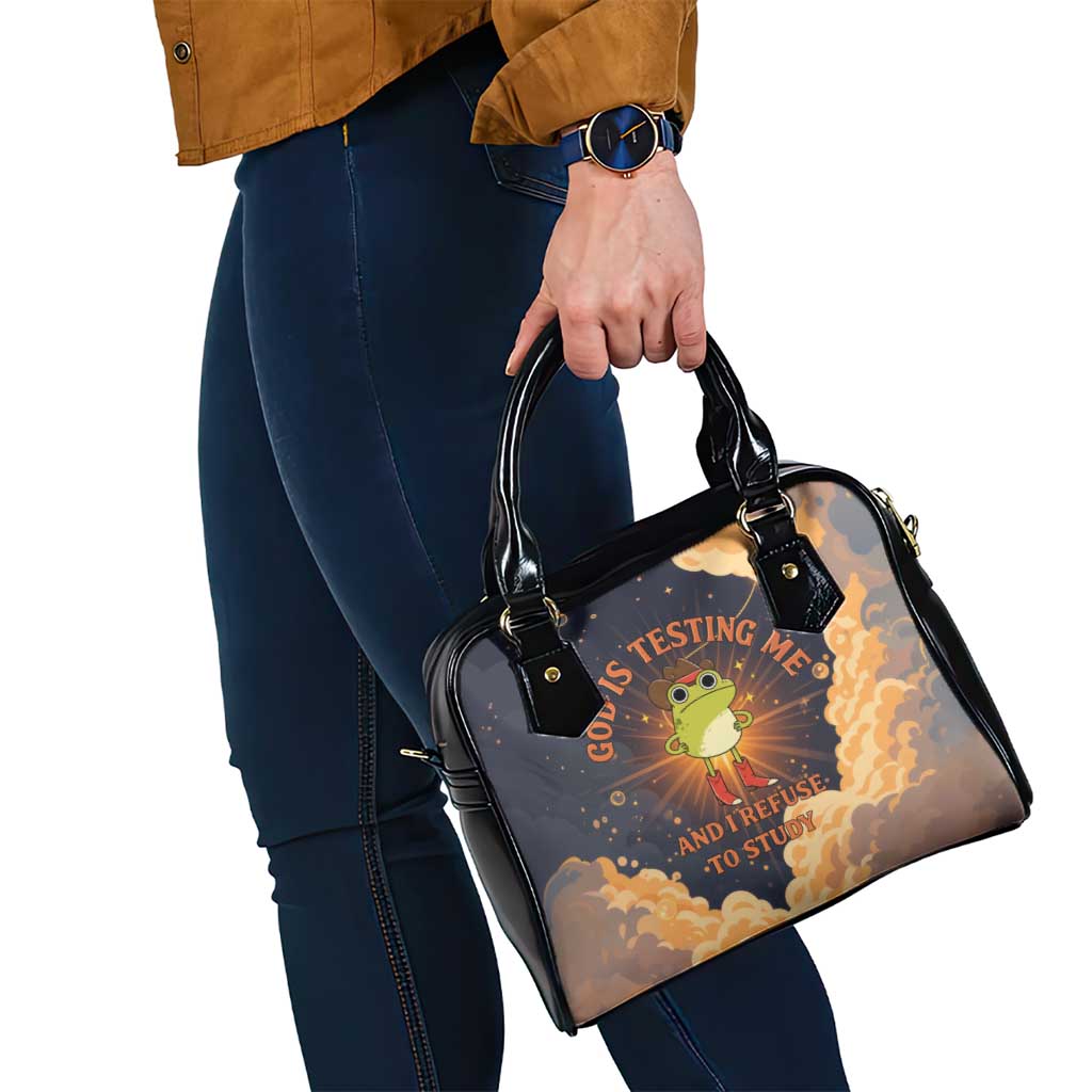 Grumpy Frog Shoulder Handbag with Refuse to Study Quote and Starburst Pattern
