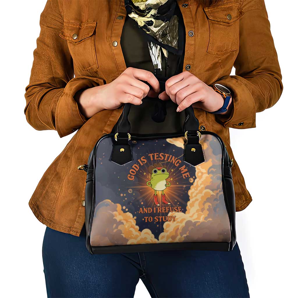 Grumpy Frog Shoulder Handbag with Refuse to Study Quote and Starburst Pattern