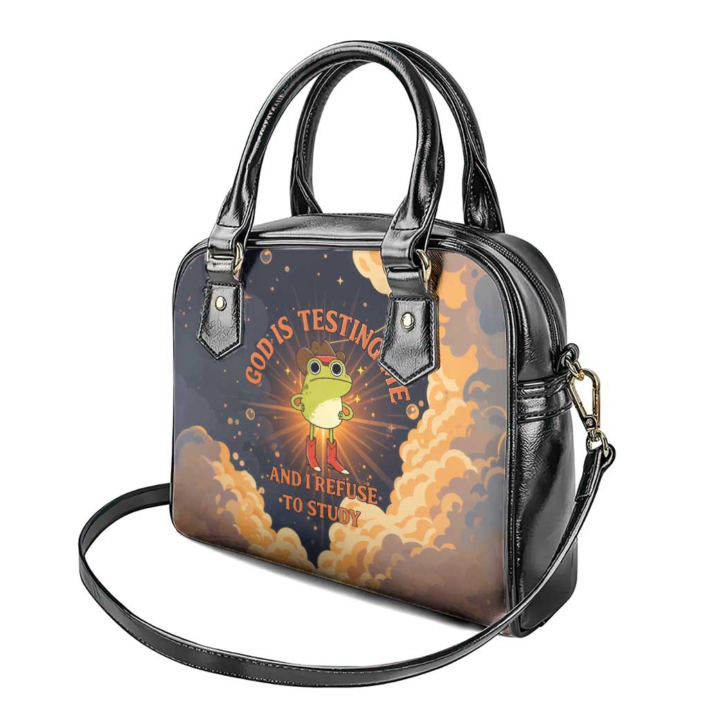 Grumpy Frog Shoulder Handbag with Refuse to Study Quote and Starburst Pattern