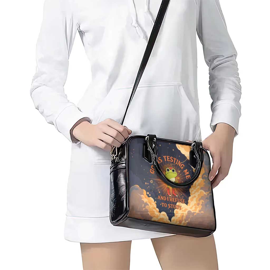Grumpy Frog Shoulder Handbag with Refuse to Study Quote and Starburst Pattern