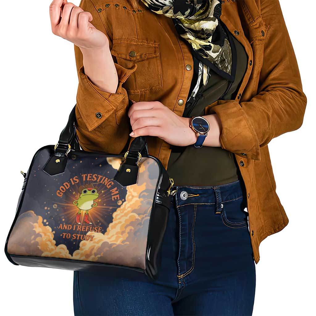 Grumpy Frog Shoulder Handbag with Refuse to Study Quote and Starburst Pattern