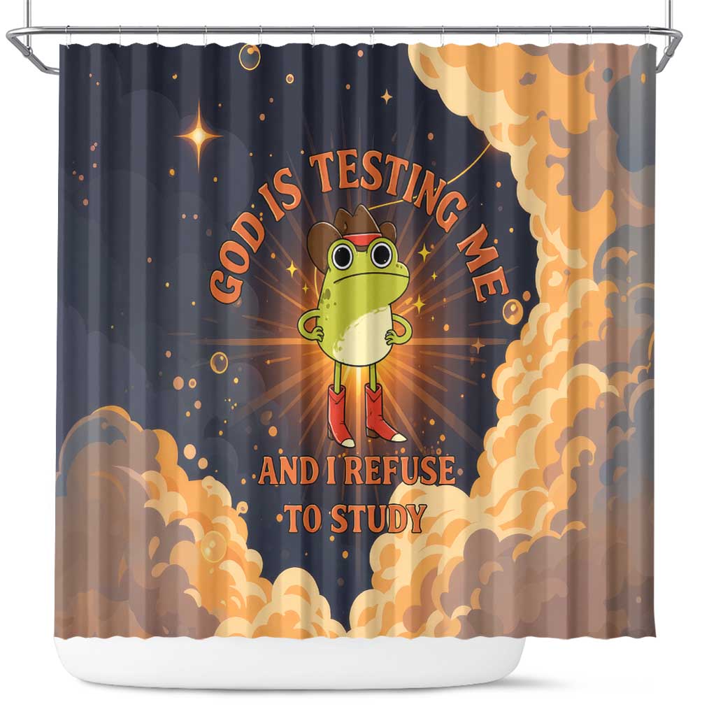 Grumpy Frog Shower Curtain with Refuse to Study Quote and Starburst Pattern