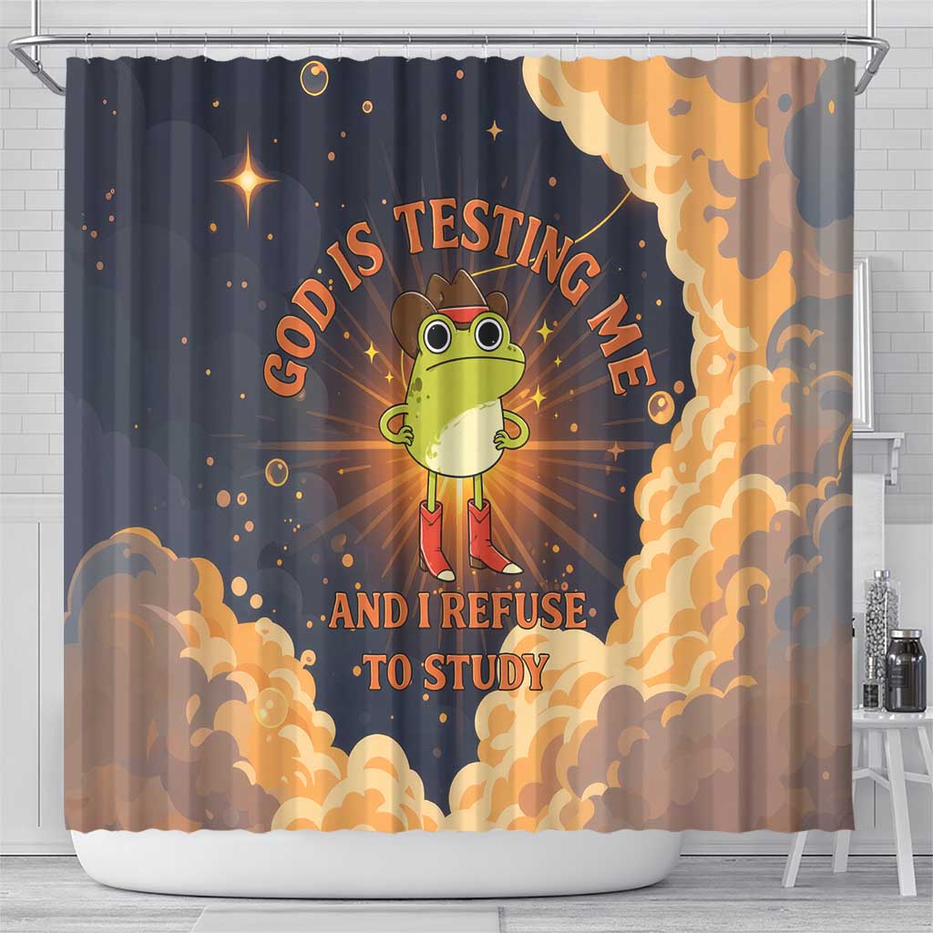 Grumpy Frog Shower Curtain with Refuse to Study Quote and Starburst Pattern