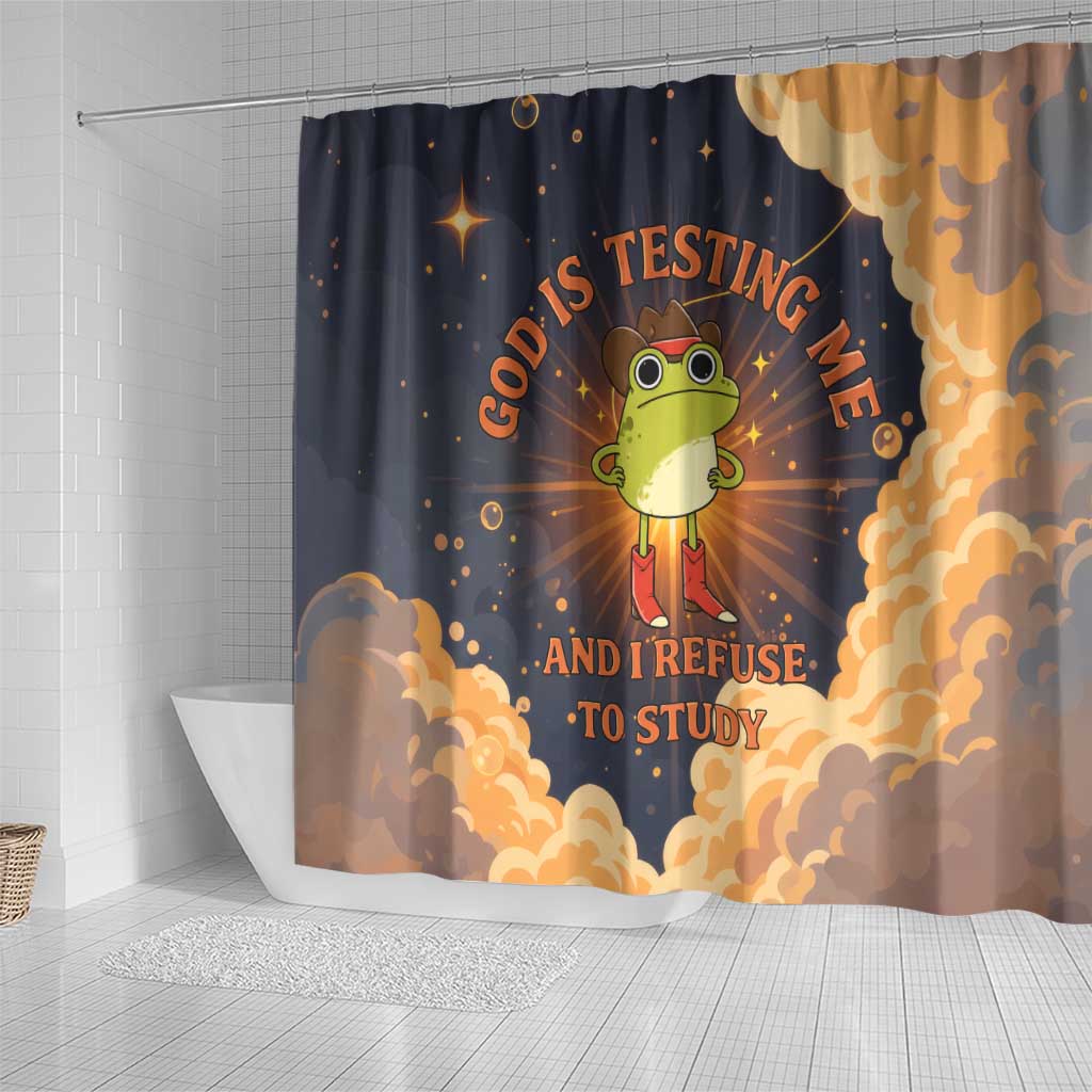 Grumpy Frog Shower Curtain with Refuse to Study Quote and Starburst Pattern