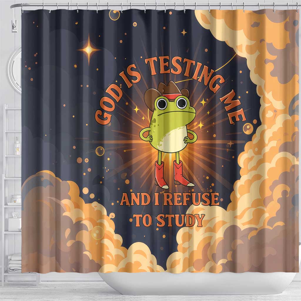 Grumpy Frog Shower Curtain with Refuse to Study Quote and Starburst Pattern