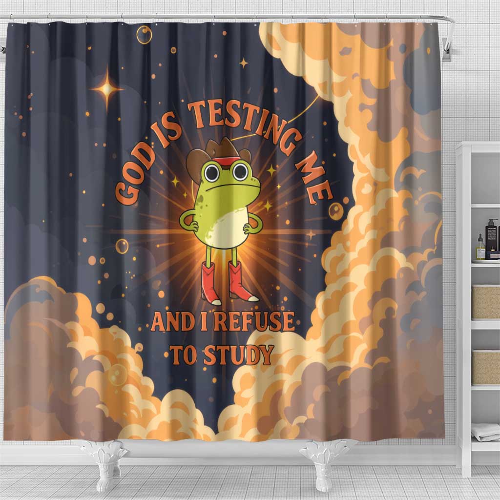 Grumpy Frog Shower Curtain with Refuse to Study Quote and Starburst Pattern