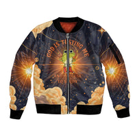 Grumpy Frog Sleeve Zip Bomber Jacket with Refuse to Study Quote and Starburst Pattern