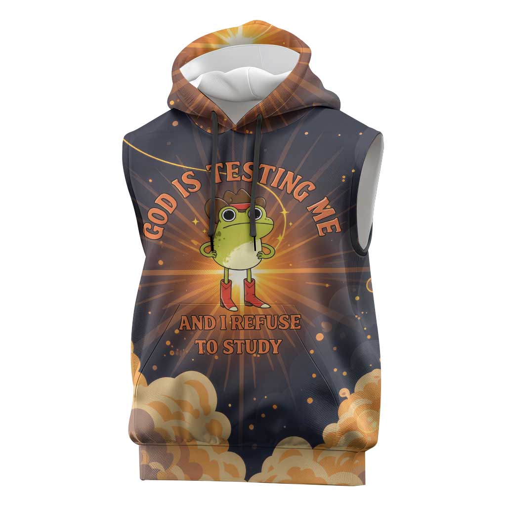 Grumpy Frog Sleeveless Hoodie with Refuse to Study Quote and Starburst Pattern