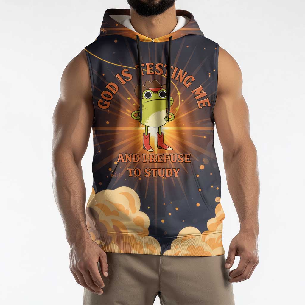 Grumpy Frog Sleeveless Hoodie with Refuse to Study Quote and Starburst Pattern
