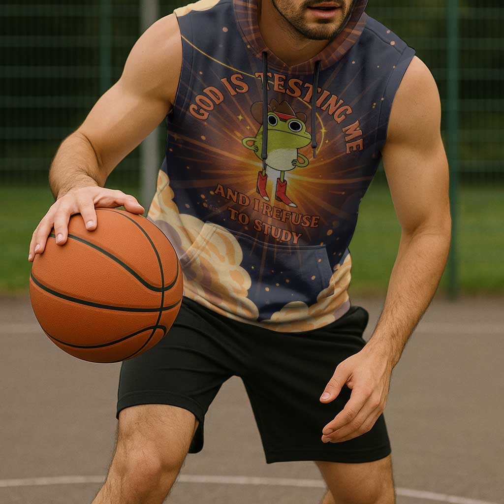 Grumpy Frog Sleeveless Hoodie with Refuse to Study Quote and Starburst Pattern