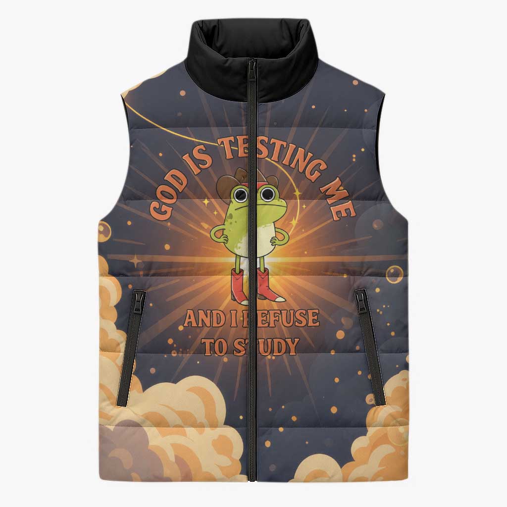 Grumpy Frog Sleeveless Puffer Jacket with Refuse to Study Quote and Starburst Pattern