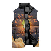 Grumpy Frog Sleeveless Puffer Jacket with Refuse to Study Quote and Starburst Pattern