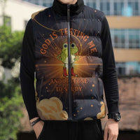 Grumpy Frog Sleeveless Puffer Jacket with Refuse to Study Quote and Starburst Pattern