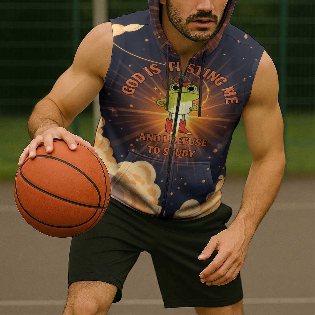 Grumpy Frog Sleeveless Zip Hoodie with Refuse to Study Quote and Starburst Pattern