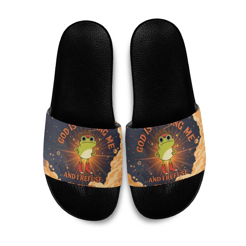 Grumpy Frog Slide Sandals with Refuse to Study Quote and Starburst Pattern